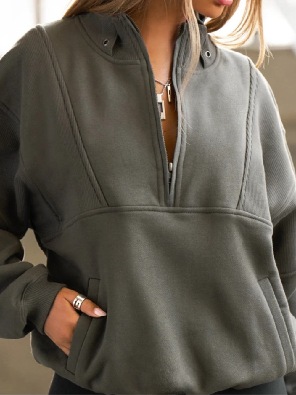 Joah Brown Retro Half Zip Pull Over Sweatshirt In Charcoal Gray Cotton SZ S/M - Picture 7 of 16